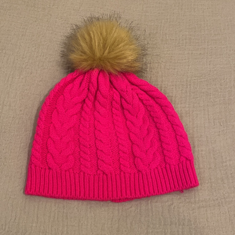 J. Crew Bright Pink Beanie with Faux Fur Pom